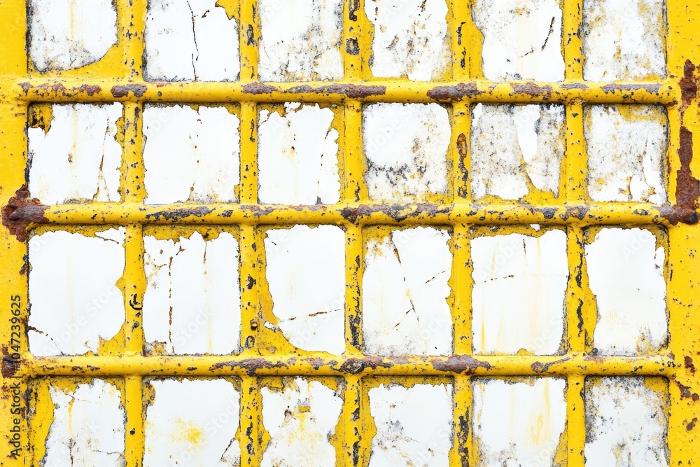 Poster a close-up shot of a yellow metal fence with details and texture, suitable for use in architectural 