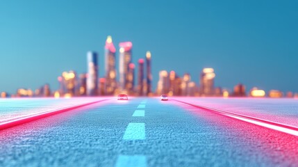 Obraz premium A futuristic city skyline with glowing streetlights and self driving cars, highlighting smart infrastructure.