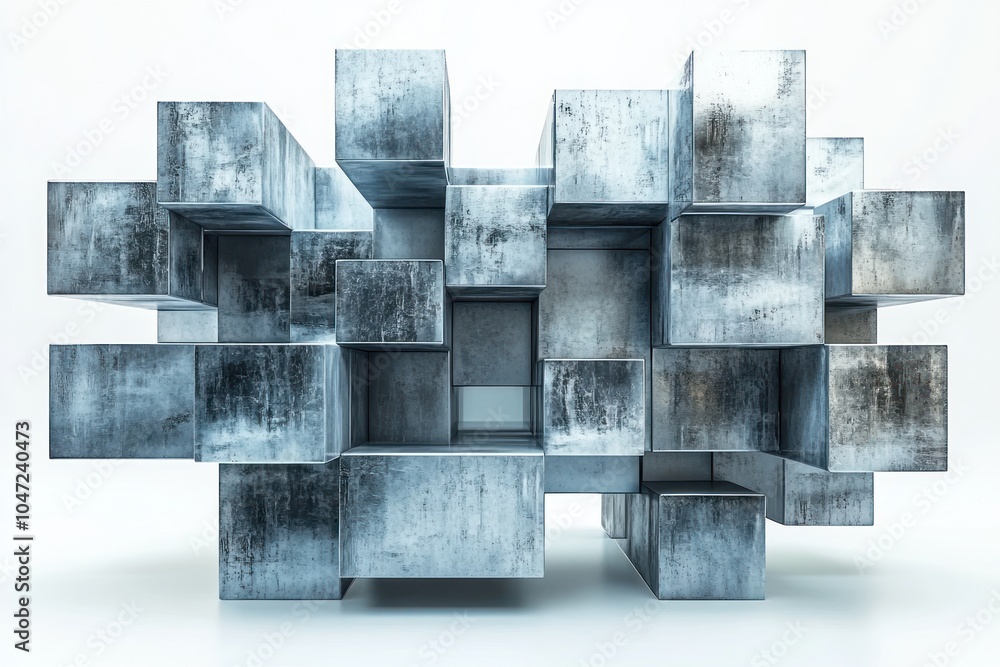 Poster abstract geometric structure composed of metallic cubes with a modern aesthetic.