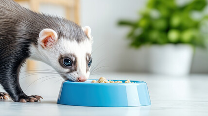 ferret eating from blue pet bowl with houseplant in background, generative ai