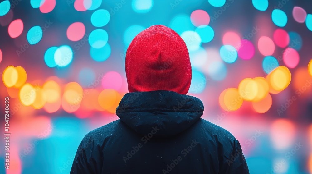 Poster a photograph of a person standing in front of a blurred background, creating a sense of isolation an
