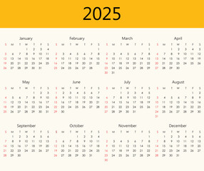 Calendar 2025 year. The week starts on Sunday.