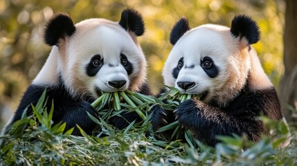 Obraz premium Pandas Enjoying Bamboo in a Zoo Setting