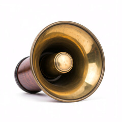 vintage brass and wood speaking trumpet isolated on white background