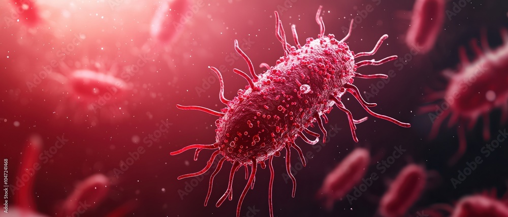 Poster detail of a red bacteria cell on a dark background showing microscopic structure and movement.