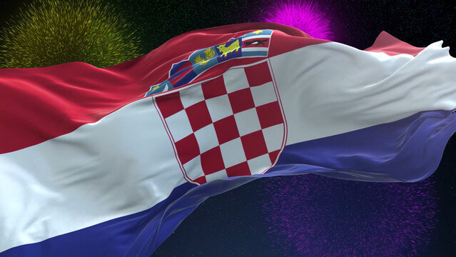 Croatia flag - Waving flag on celebrating fireworks for national holiday day. Ceremony for patriotic celebration of nation