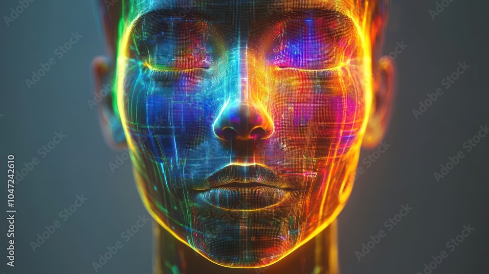 Poster a futuristic, illuminated face with colorful patterns representing technology and digital art.