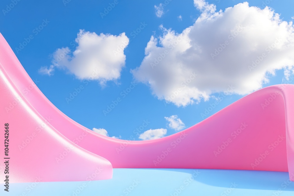 Poster A pink wave shaped object floating in a blue sky, ideal for use as a decorative element or symbol of creativity and joy