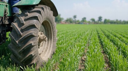 Obraz premium Farmer Driving Tractor in Green Fields of Punjab