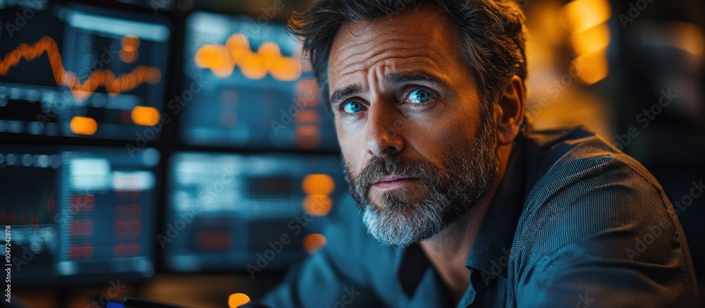Poster a focused man analyzes financial data on multiple screens in a dimly lit environment.