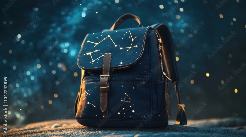 Poster a backpack with constellations design on it placed on a rocky surface