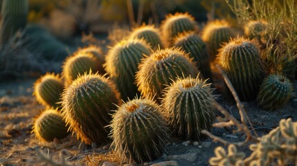 Golden-Lit Cactus Cluster in the Desert