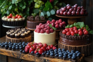 A vibrant display of assorted cakes and fruits, showcasing a festive dessert arrangement.