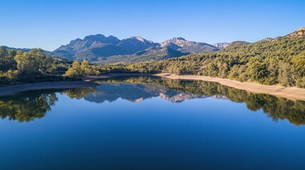 Aerial view of a calm lake reflecting the surrounding mountain peaks under a clear sky.