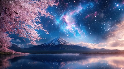 Fototapeta premium Surreal Japanese Landscape with Mount Fuji Reflection