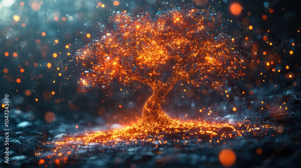 Poster a glowing, artistic representation of a tree made of sparkling particles and light.