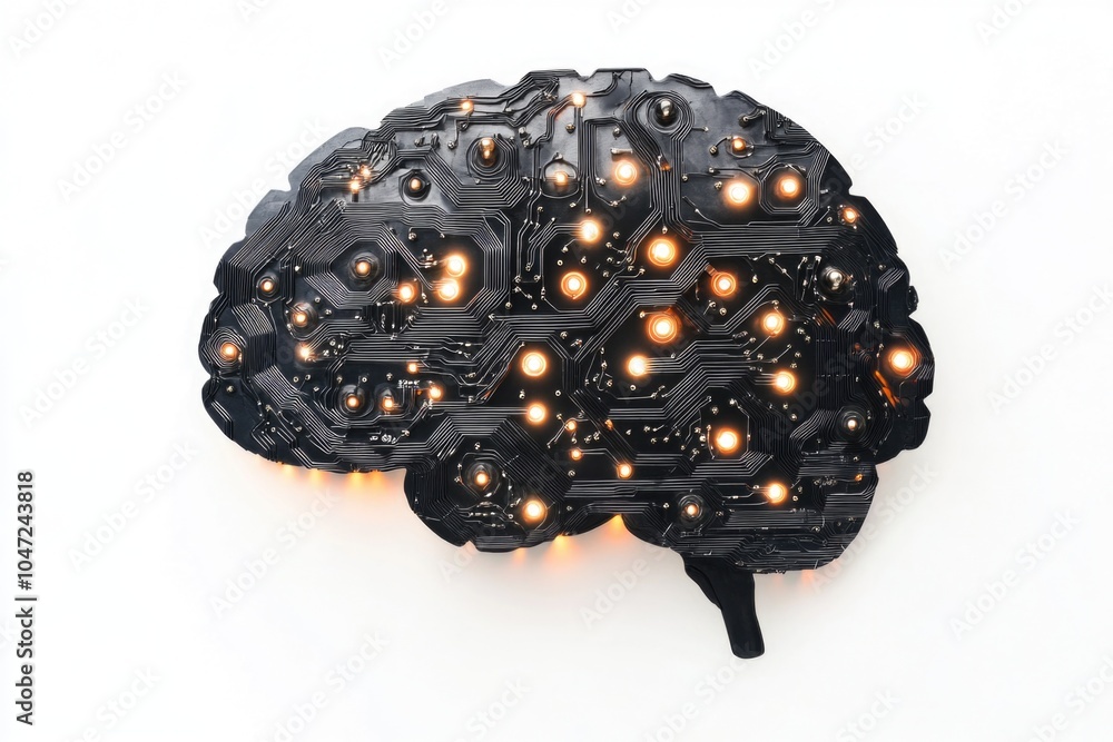 Poster computer circuit board brain with orange lights