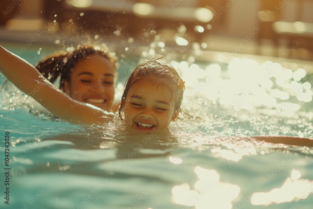 Poster a mother and child enjoying time together in a swimming pool