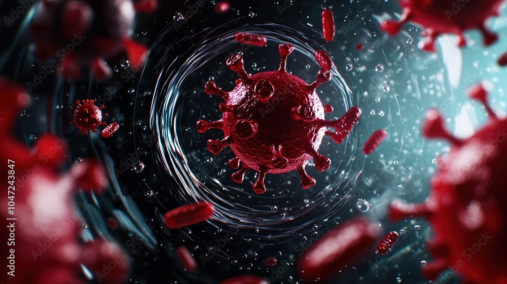 Poster microscopic view of virus particles in action, showcasing details of structure and movement in a dar
