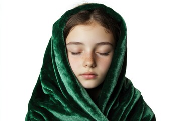 Fototapeta premium A young girl wears a green blanket covering her face, conveying uncertainty and secrecy