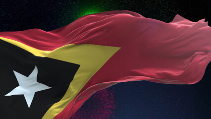 East Timor flag - Waving flag on celebrating fireworks for national holiday day. Ceremony for...