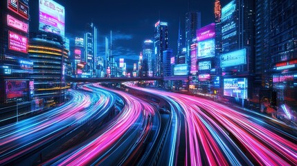 Fototapeta premium Futuristic cyberpunk cityscape with blue and pink light trails, portraying a sci-fi downtown scene at night with skyscrapers, highways, and billboards, depicted in a 3D illustration, motion cityscape 