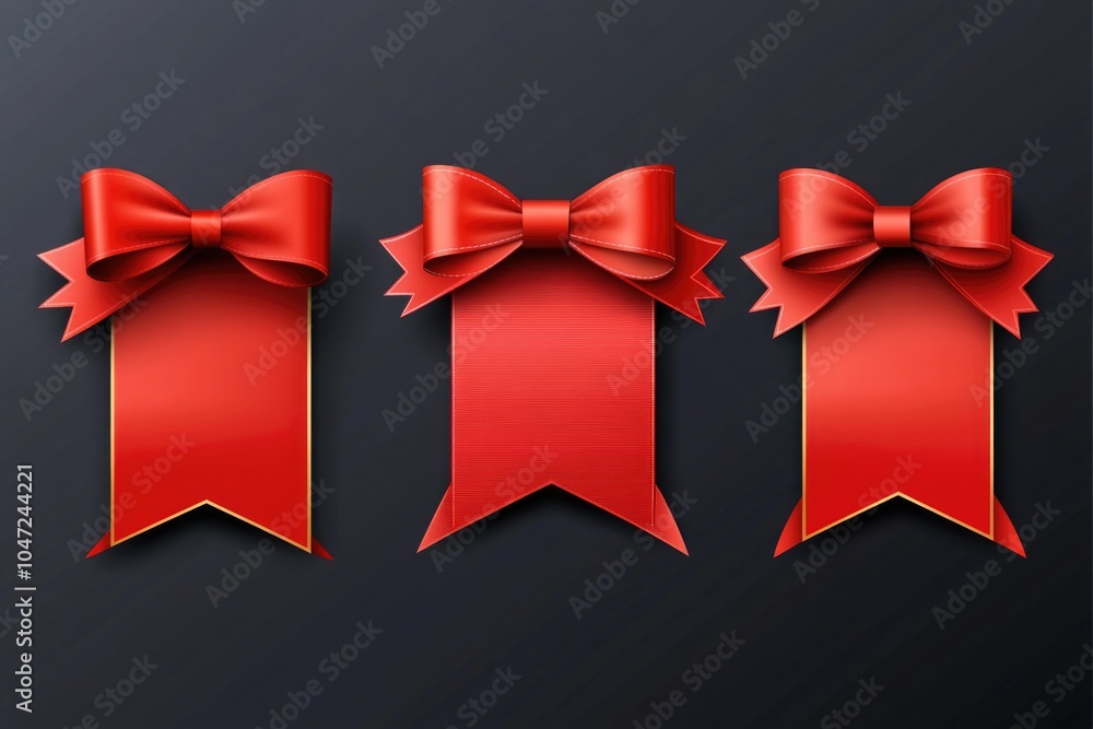 Poster A simple still life of three red ribbons with bows against a black background, perfect for adding a pop of color to any design