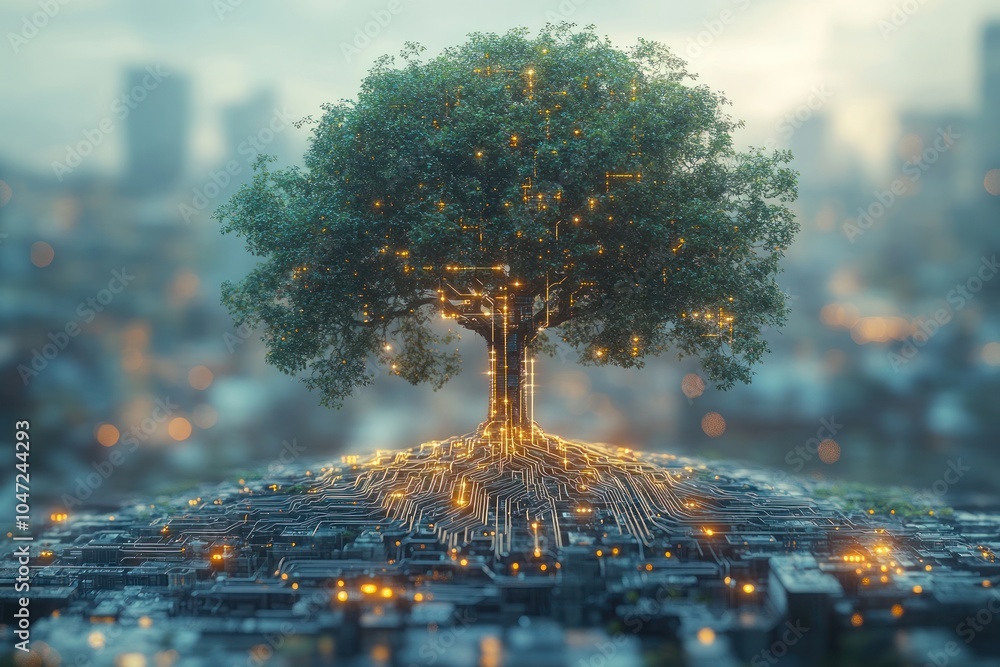 Poster a digital tree with circuit patterns, symbolizing the fusion of nature and technology.
