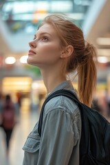 A woman wearing a backpack gazes upwards, possibly contemplating or searching for something