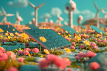 vibrant landscape featuring solar panels surrounded by colorful flowers and wind turbines, showcasing harmonious blend of technology and nature. This scene emphasizes renewable energy and