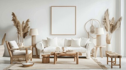 A rustic-chic and inviting living room setup with a white canvas backdrop, Carefully selected minimal furniture, Rustic Minimalism style