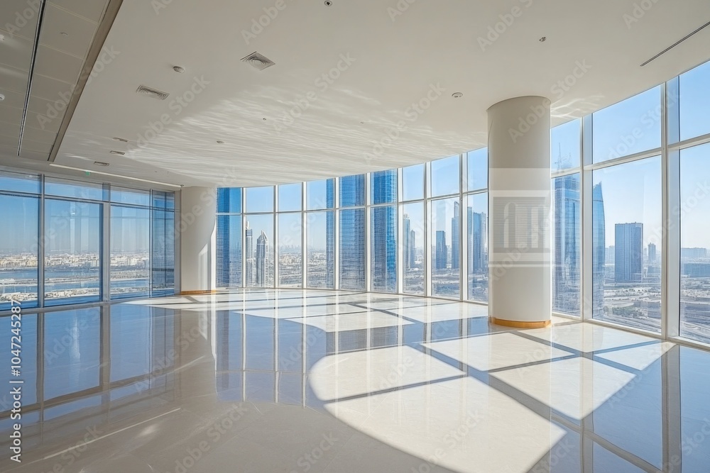 Poster large empty room with city view, great for interior design or architecture projects