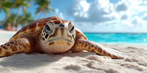 Obraz premium Sea Turtle on Tropical Beach Closeup Wildlife Photography Ocean Sand Nature