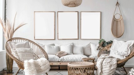 A rustic-chic living room setup with a white canvas backdrop, Carefully selected minimal furniture, Rustic Scandinavian style