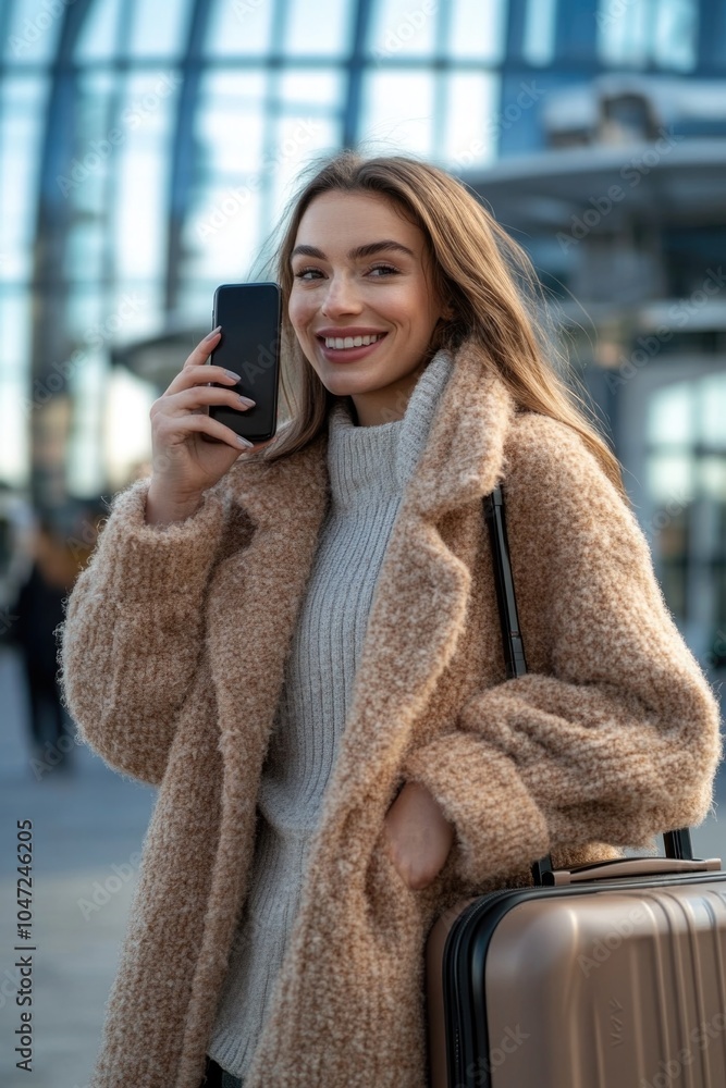 Poster a person carrying luggage and using a mobile device, possibly in transit or on the go