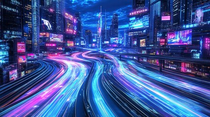 Naklejka premium Futuristic cyberpunk cityscape with blue and pink light trails, portraying a sci-fi downtown scene at night with skyscrapers, highways, and billboards, depicted in a 3D illustration, motion cityscape 
