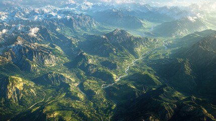 Aerial view of rolling mountains covered in rich green vegetation, valleys below dotted with rivers.