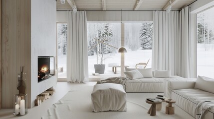 A Scandinavian-inspired minimalist retreat adorned with a white canvas backdrop, Cozy furniture arrangement in a Nordic cabin, Scandinavian minimalism style