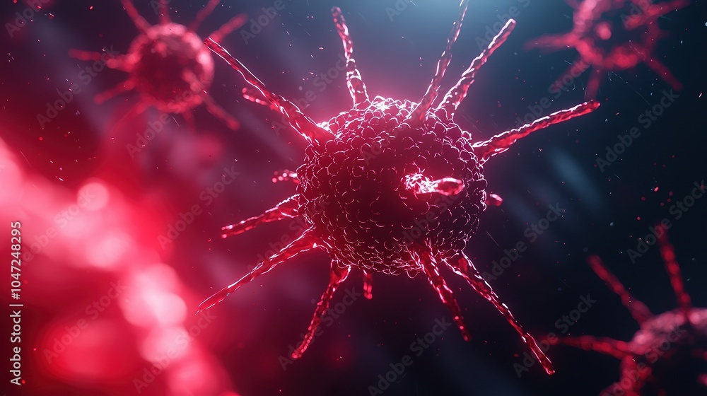Poster 3d rendering of a red virus, showcasing intricate details and textures on a dark background.