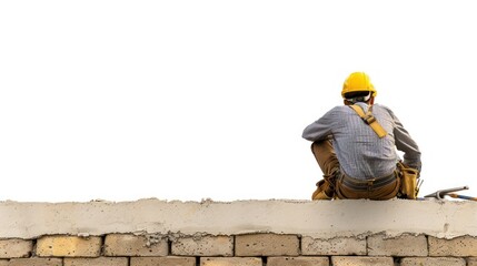 Construction Worker Sitting on a Brick Wall with a Hammer and a Tool Belt