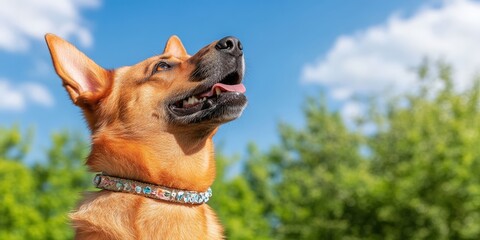 Happy Dog Looking Up  Mouth Open  Blue Sky  Green Trees   Summer Day
