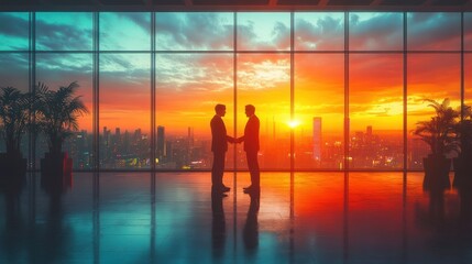 Two silhouetted figures shake hands against a vibrant sunset skyline.