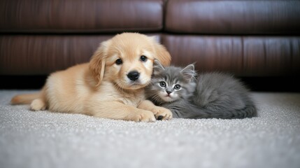 Obraz premium kitten lying next to a dog, creating a heartwarming scene of companionship and comfort