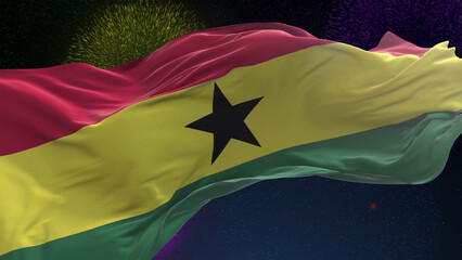 Ghana flag - Waving flag on celebrating fireworks for national holiday day. Ceremony for patriotic...