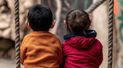 Obraz premium Children Enjoying Monkeys Swinging at the Zoo