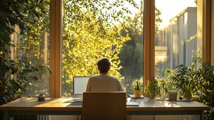 A serene contrast between a calm, peaceful nature scene visible through a window, and a stressed worker at a desk inside, showing the need for balance,
