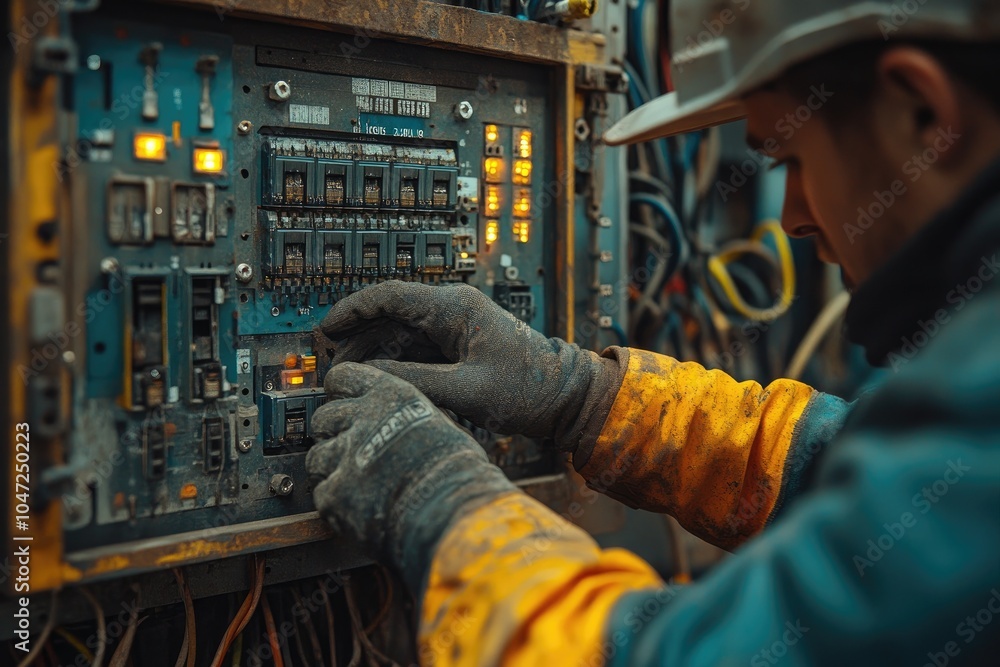 Aufkleber electrician connecting wires to control panel in factory