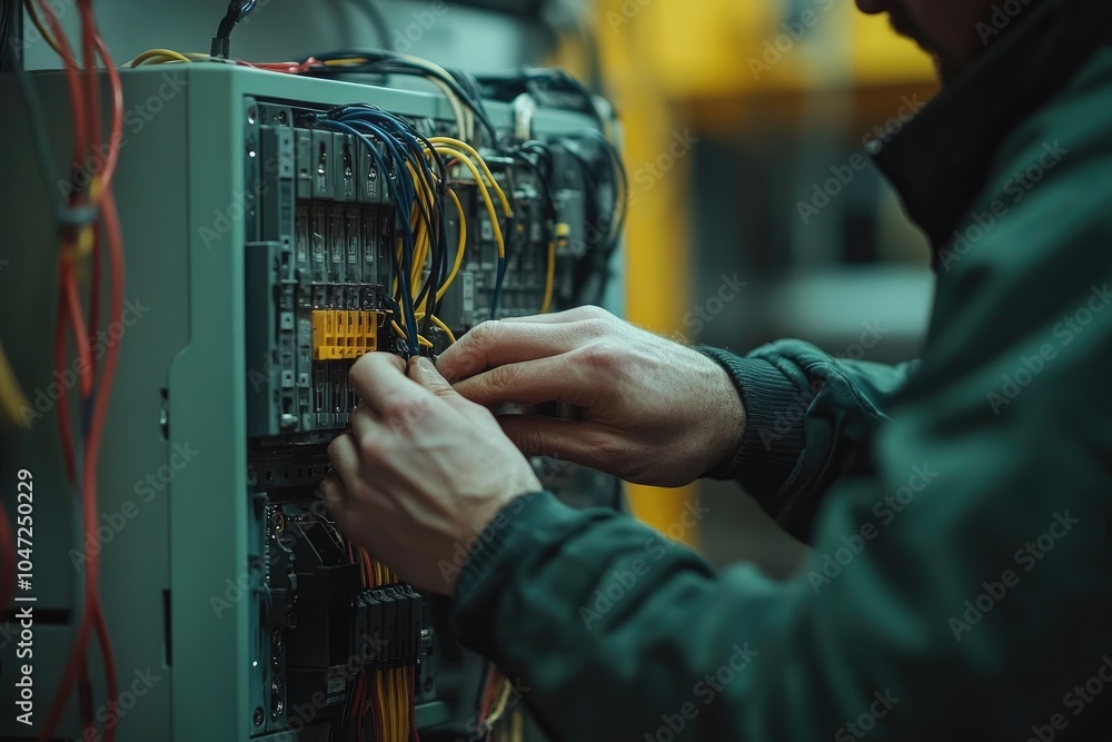 Poster electrician connecting wires in fuse box with dirty hands