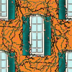 Motif fenêtres et lierres, orange et vert, dessin à la main, seamless pattern