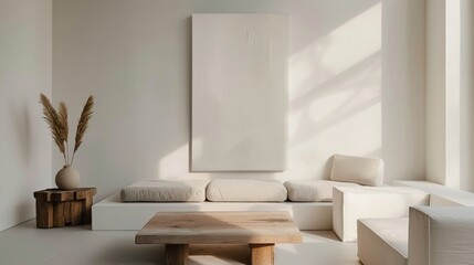 A serene and calming living room design with a white canvas backdrop, Neatly arranged minimal furniture, Eco-friendly minimalist style